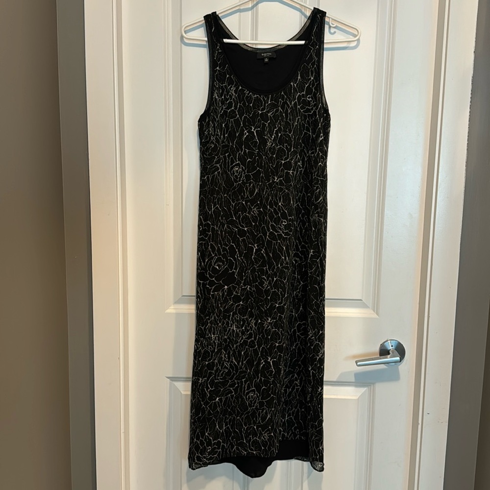 Babaton silk dress. Ankle length black with white pattern.